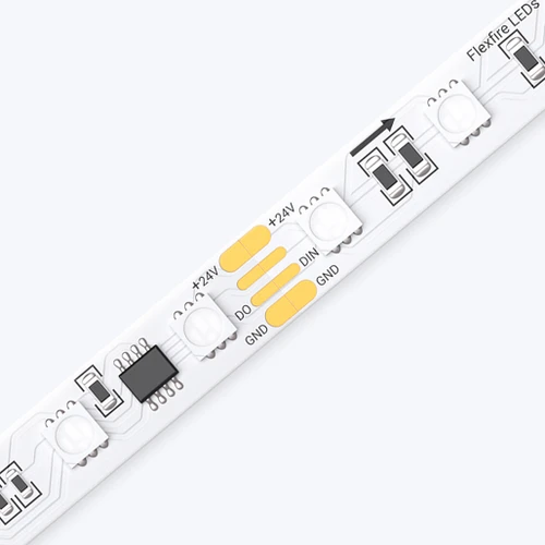 High-resolution, diagonal close-up shot of the ColorBright™ RGB Digital Pixel IP20 LED Strip showing precise solder points.