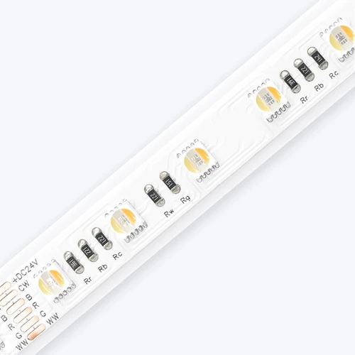Diagonal close-up shot of the Outdoor ColorBright™ RGB + Tunable White IP65 LED Strip showing precise solder points.