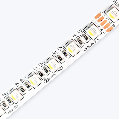 Diagonal close-up of the ColorBright™ RGBW Quad Chip White IP20 LED Strip showing dedicated RGB and white LED chips.