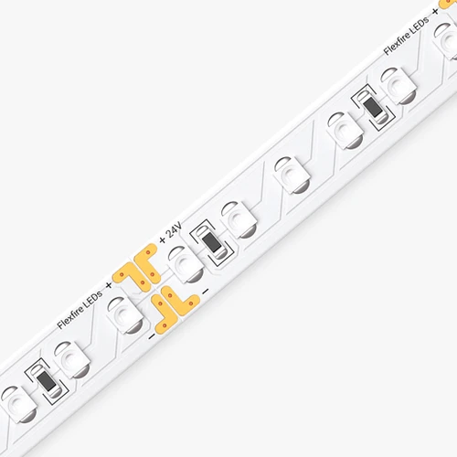 High-resolution, diagonal close-up shot of the ColorBright™ Vivid Single-Color IP20 LED Strip showing precise solder points.