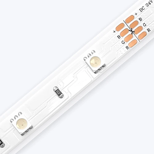 Diagonal close-up shot of the Outdoor ColorBright™ RGB 600 IP65 LED Strip showing precise solder points.