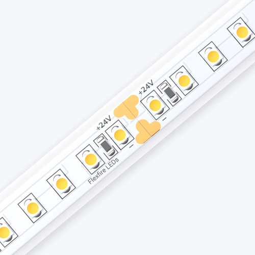 Diagonal close-up shot of the Outdoor Vital™ 300 White IP65 LED Strip showing precise solder points.