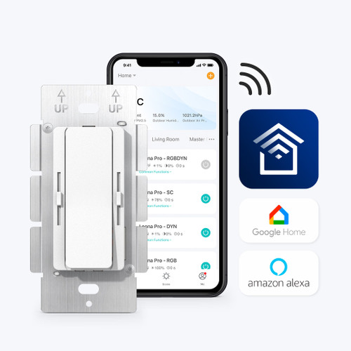 Leona® All-in-One Tunable White Smart Dimmer Driver beside a phone showing the app, plus Google Home and Amazon Alexa icons.