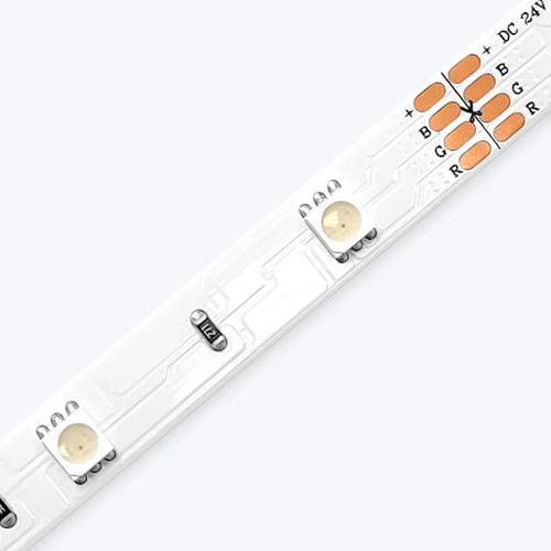 High-resolution, diagonal close-up shot of the ColorBright™ RGB 150 IP20 LED Strip showing precise solder points.