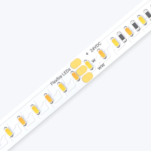 High-resolution, diagonal close-up of the UltraBright™ Architectural Dynamic Tunable White IP20 LED Strip showing solder points.