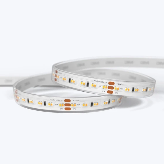 A coiled Outdoor UltraBright™ Accent Dynamic Tunable White IP65 LED Strip showing the silicon-coated PCB and 3M backing.