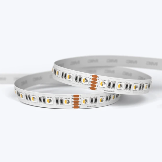 Coiled ColorBright™ RGBW Quad Chip White IP20 LED Strip with a silicon-coated circuit board and 3M adhesive backing.