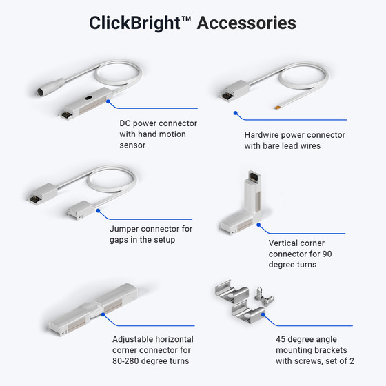ClickBright accessories: DC power connector with hand motion sensor, hardwire power connector with bare lead wires, jumper connector for gaps in the setup, vertical corner connector for 90-degree turns, adjustable horizontal corner connector for 80-280 degree turns, and 45-degree angle mounting brackets with screws