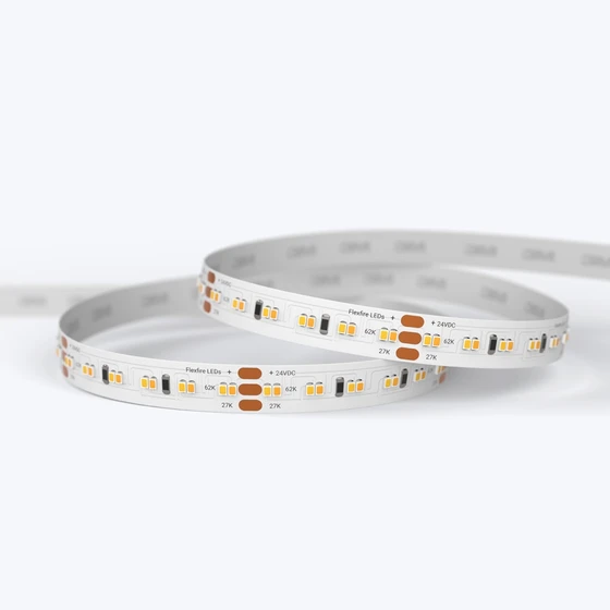 A coiled UltraBright™ Accent Dynamic Tunable White IP20 LED Strip showing the high-quality circuit board and 3M adhesive backing.