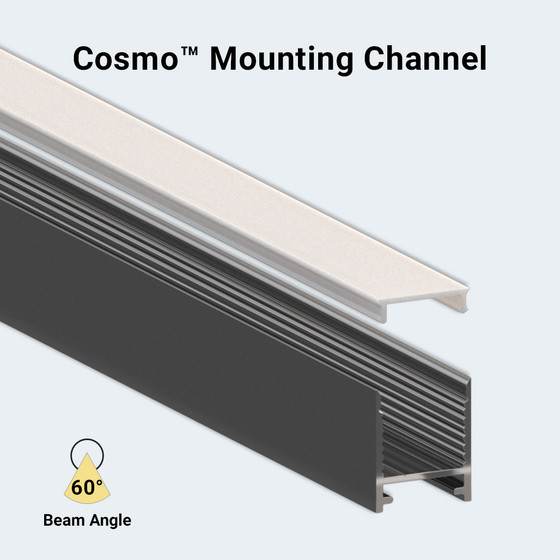 Surface-mount Cosmo™ Aluminum LED Mounting Channel with diffuser cover and 60-degree beam angle
