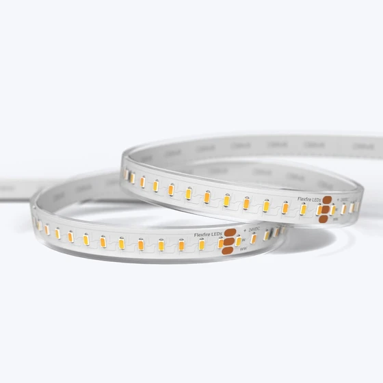 Outdoor UltraBright™ Architectural Dynamic Tunable White IP65 LED Strip shown with a kitchen and its 2700K–6200K white range.
