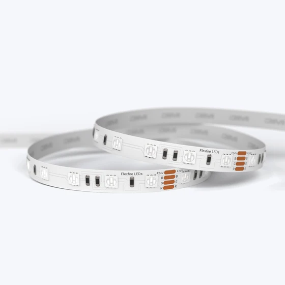 A coiled ColorBright™ RGB 300 IP20 LED Strip showing the high-quality circuit board and 3M adhesive backing.