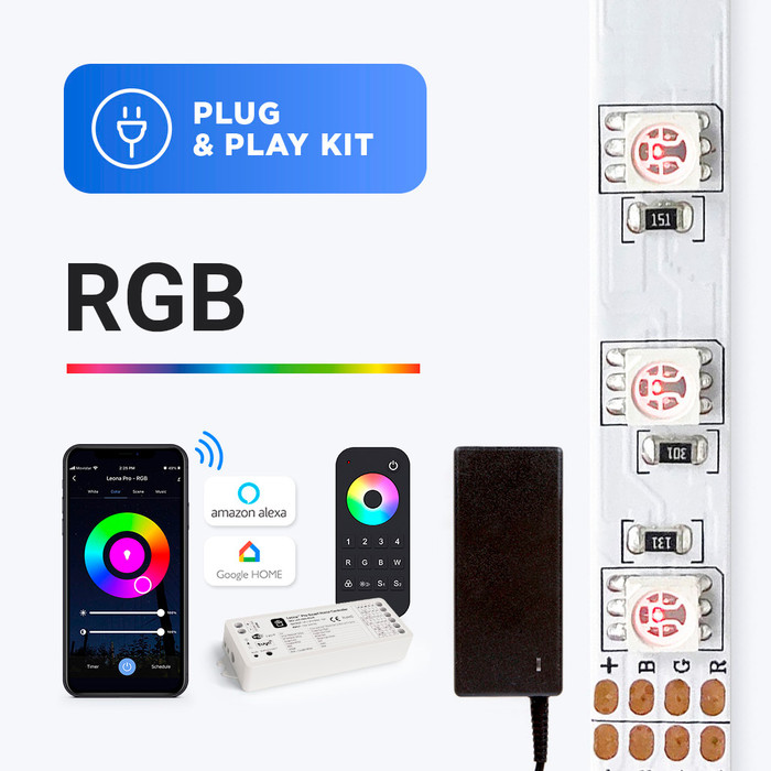 Plug-and-Play Color Changing RGB LED Strip Lighting Controller Kit.