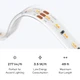 Close-up of Outdoor UltraBright™ Accent IP65 LED Strip circuitry and connection pads, with spec icons below.