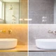 Split view of a marble bathroom being lit warm and cool white by the Outdoor UltraBright™ Accent Dynamic Tunable White IP65 LED Strip.