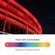 Curved building lit in red, pink, green, blue, and yellow using the Outdoor ColorBright™ RGB 600 IP65 LED Strip, plus color spectrum.