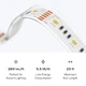 Close-up of Outdoor ColorBright™ RGB + Tunable White IP65 LED Strip circuitry and connection pads, with spec icons below.