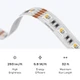 Close-up of ColorBright™ RGBW Quad Chip White IP20 LED Strip circuitry and connection pads, with spec icons below.
