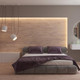 Stylish bedroom with LED backlighting, wooden headboard, and minimalist decor