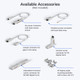Available accessories: DC power connector with hand motion sensor, hardwire power connector with bare lead wires, jumper connector for gaps in the setup, vertical corner connector for 90-degree turns, adjustable horizontal corner connector for 80-280 degree turns, and 45-degree angle mounting brackets with screws