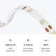 Close-up of Outdoor Vital™ 100 White IP65 LED Strip circuitry and connection pads, with spec icons below.