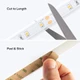 Close-up of Outdoor Vital™ 100 White IP65 LED Strip circuitry and connection pads, with spec icons below.