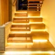 Wooden floating stairs, accented with UltraBright™ Architectural warm-white IP20 LED Strips under each tread for safety.