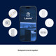 The Leona® smartphone app amid compatible smart home devices including LED strips, motion sensors, and power outlets.