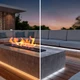Split image of the Outdoor UltraBright™ Architectural Dynamic Tunable White IP65 LED Strip lighting a patio fireplace and seating at dusk.