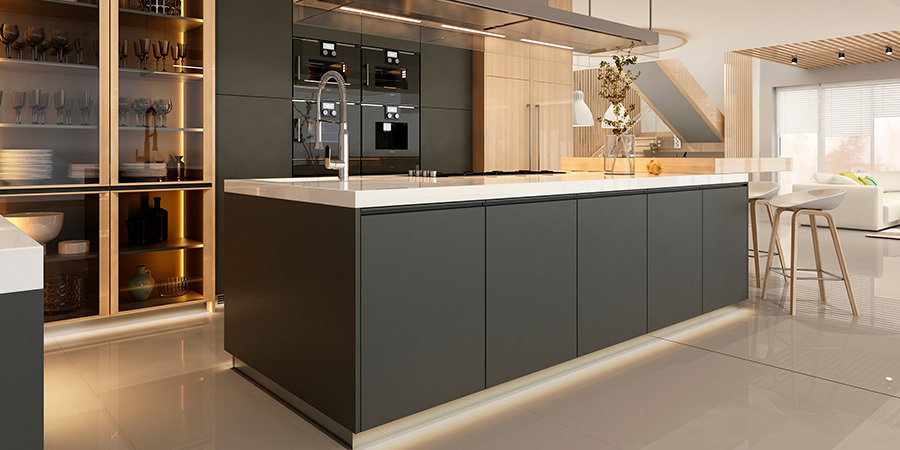 Modern Black Kitchen With Toekick Accent Lighting
