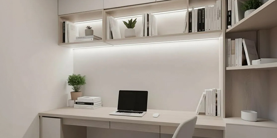 Under-cabinet LED strip lighting brightening a minimalist home office
