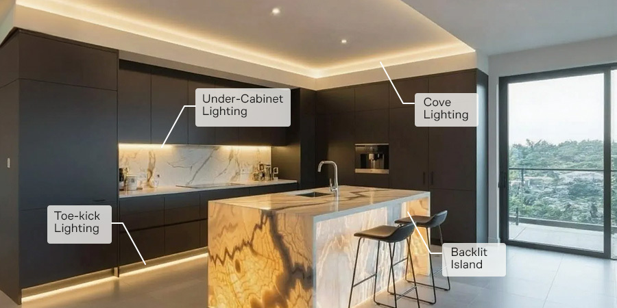 Modern kitchen with accent LED lighting in multiple areas