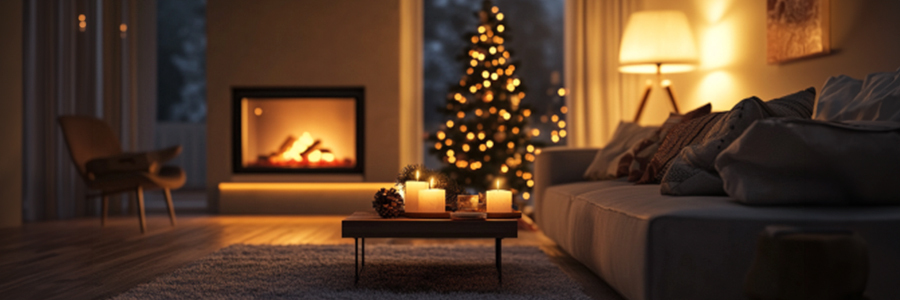 Cozy living room with warm LED lighting, Christmas tree, and soft ambient glow