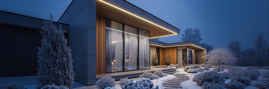 Modern house in the snow with warm LED strip lighting along the roofline