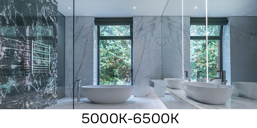 5000K&ndash;6500K daylight LED lighting illuminating a marble bathroom