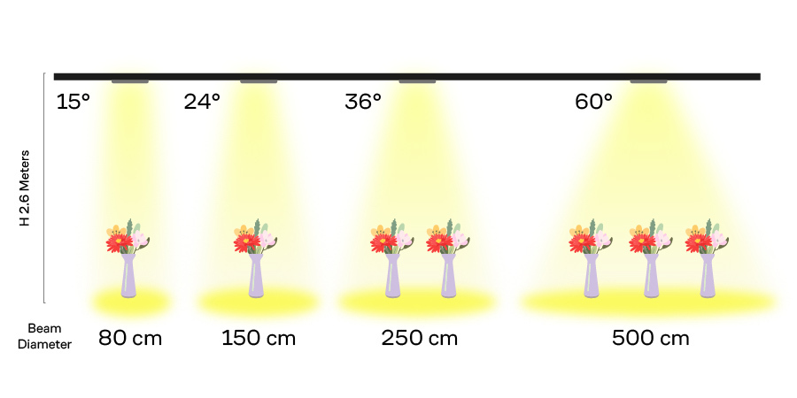 Example of different beam angles LED light coverage
