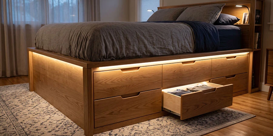 Bed drawers LED warm lighting