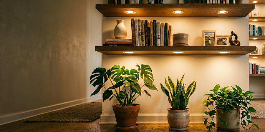 Bottom shelf LED puck lighting