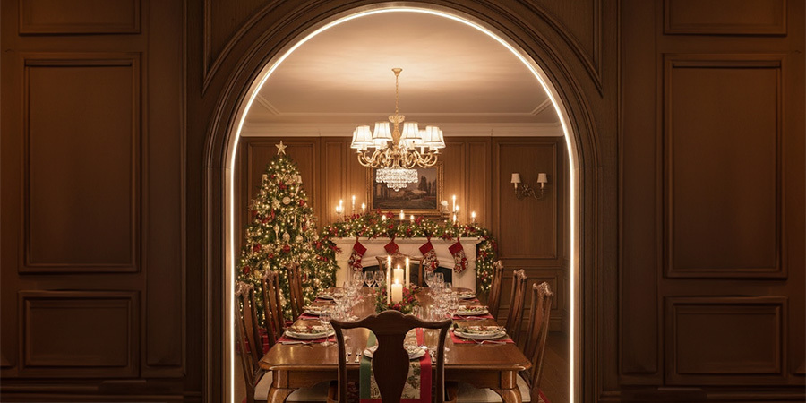 Holiday dining room decoration with LED lighting