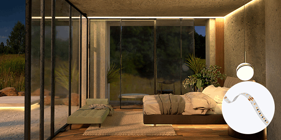 Modern bedroom with adjustable LED strip lighting changing color temperature for circadian rhythm