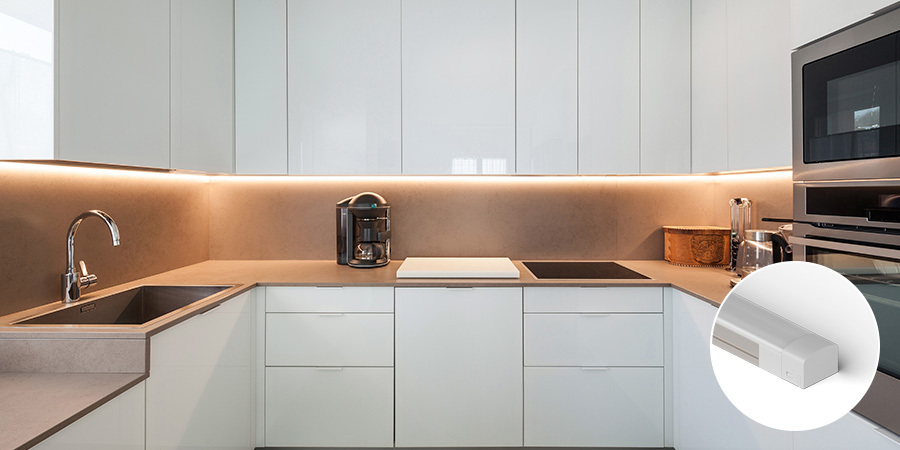 Modern kitchen with under-cabinet Flexfire's ClickBright LED light bar illuminating countertops