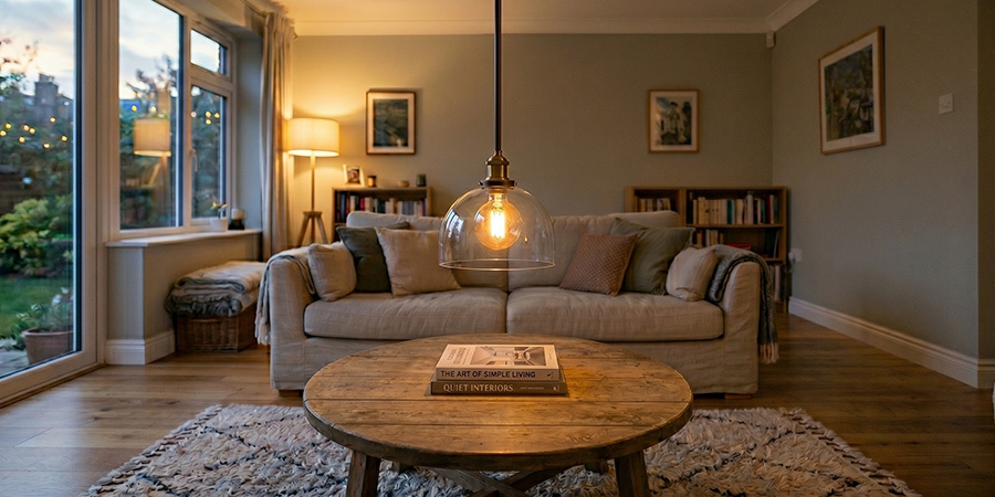 Pendant lighting over coffee table