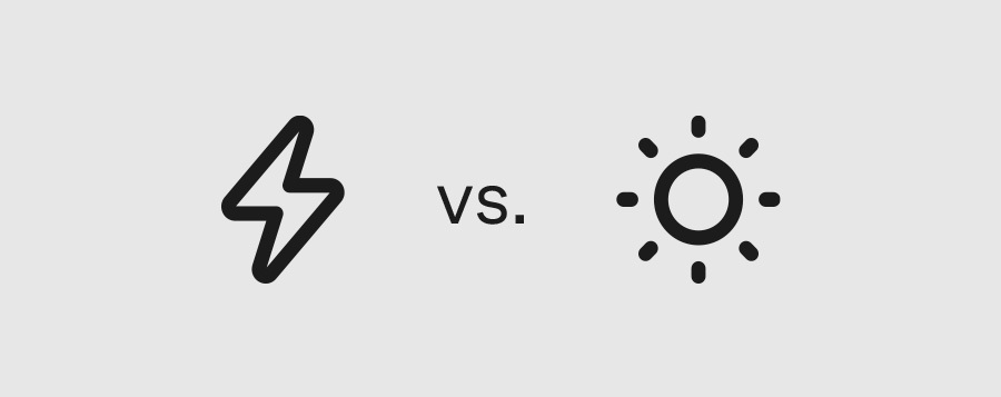Icon of a lightning bolt versus a brightness symbol on a black background