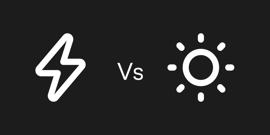 Icon of a lightning bolt versus a brightness symbol on a black background