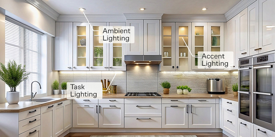 Kitchen with white cabinets and LED lighting