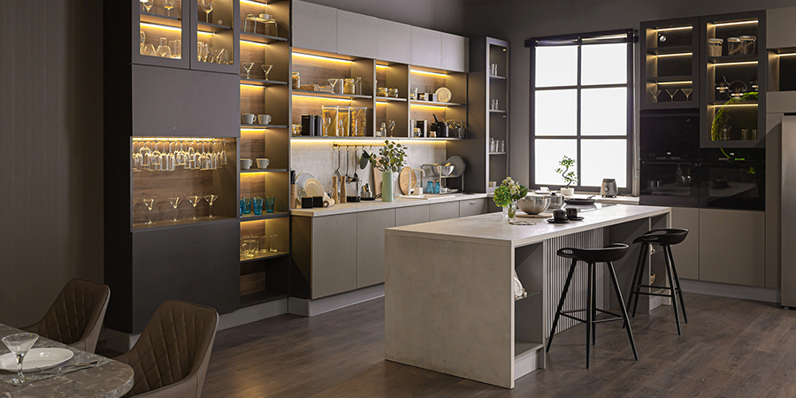 Glass display cabinet kitchen LED lighting