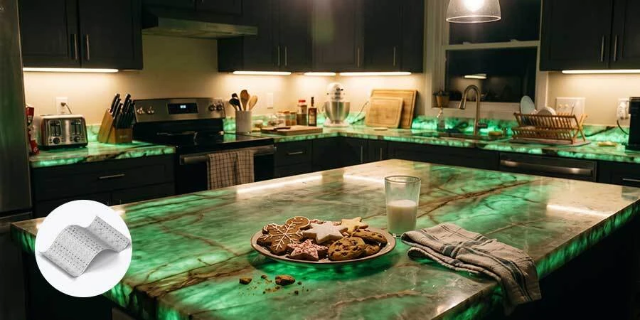 Green backlit granite countertop LED strip lighting