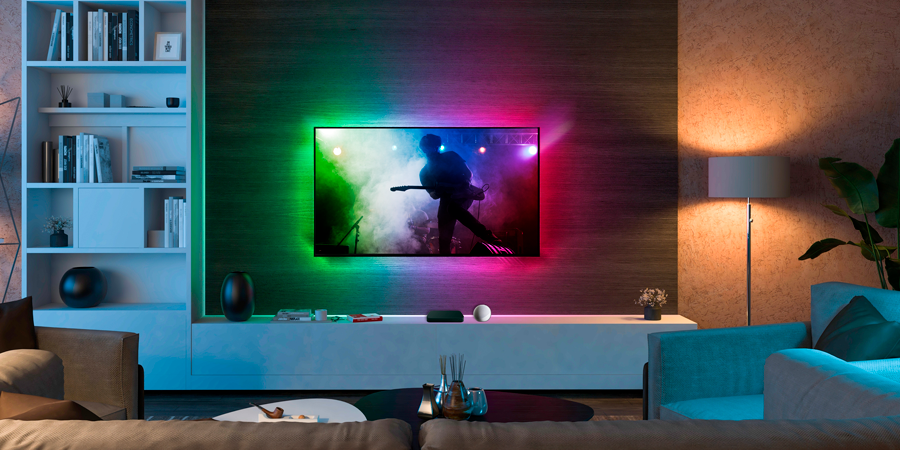 A TV with a Leona HDMI backlight LED lighting kit synced to the image