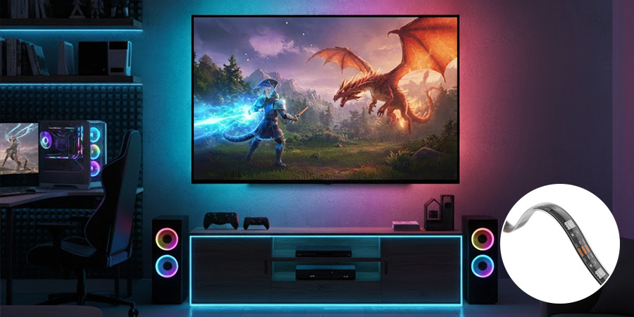 Gaming setup with LED strip lights illuminating TV and desk in vibrant colors