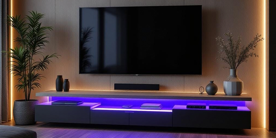 An entertainment center at home with a TV decorated with color-changing LED strip lights
